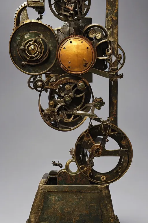 Prompt: a martian artifact of a mechanical astrological machine in a museum with a description placard, bronze, old, alien, verdigris, mechanical, museum display