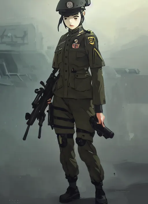 Image similar to portrait of cute soldier girl, black sky background urban landscape illustration concept art anime key visual trending pixiv fanbox by wlop and greg rutkowski and makoto shinkai and studio ghibli and kyoto animation soldier clothing military gear realistic anatomy mechanized police dog
