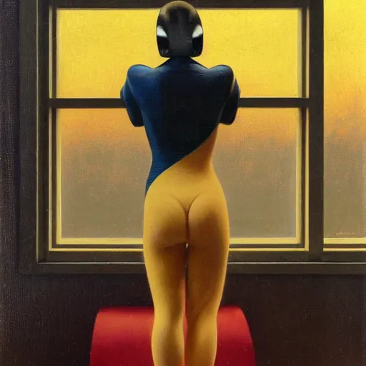 Image similar to retrofuturistic 1 9 3 0 s detailed oil painting of a woman in a window, cyberdeco catsuit, electronic billboards, tech noir, wet reflections, atmospheric, ambient, alexis flower, hopper, mucha, wlop, gil elvgren, grant wood,, livia prima, george tooker, greg rutkowski, whistler, norman rockwell, peter max