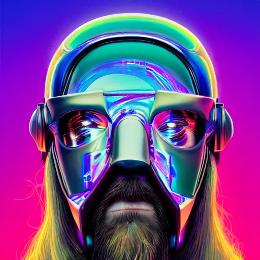 Prompt: a colorful closeup portrait of the a cybertronic mask depicting the dude from the big lebowski. dreamy vibes floating head and dreaming psychedelic hair. halo behind his head. trending on artstation. by peter mohrbacher and moebius and alex ross. intricate detail. hyperrealistic. photorealism. 8 k. flat design