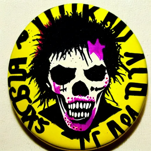 Image similar to painting on a badge, punks not dead!, exploited, clash, punk rock album cover art style, grunge, no future