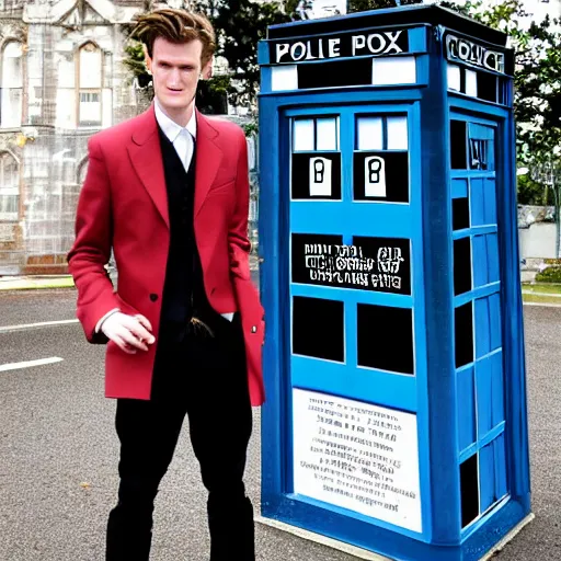Prompt: a photo of Matt Smith in the shape of a police box