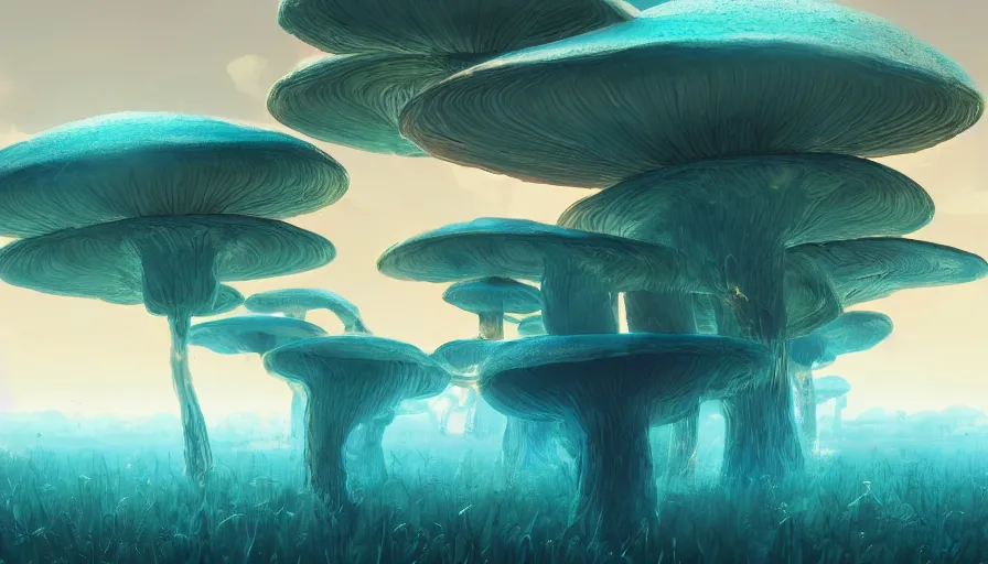 Image similar to A highly detailed digital art painting of a volatile nuclear caustic poison mushroom irradiated barren teal and yellow landscape by from software, Makoto Shinkai, by Artgerm, by beeple, volumetric lighting, octane render, 4K resolution, trending on artstation, masterpiece, vivid colours