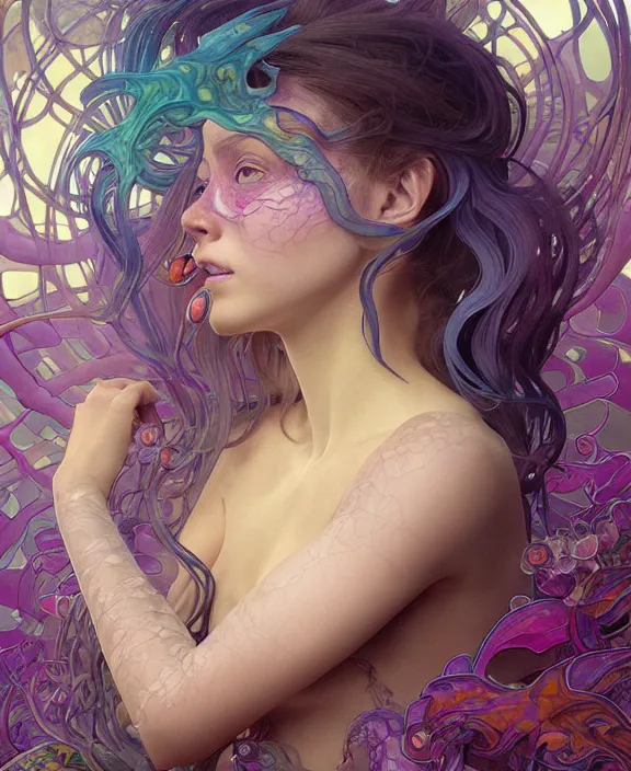 Image similar to intricate colorful transparent portrait of a disturbing beautiful alien mollusk creature, mottled coloring, adorable, childlike, underwater environment, ultra realistic, concept art, art nouveau, photorealistic, octane render, 8 k, unreal engine. art by christopher marley and artgerm and greg rutkowski and alphonse mucha