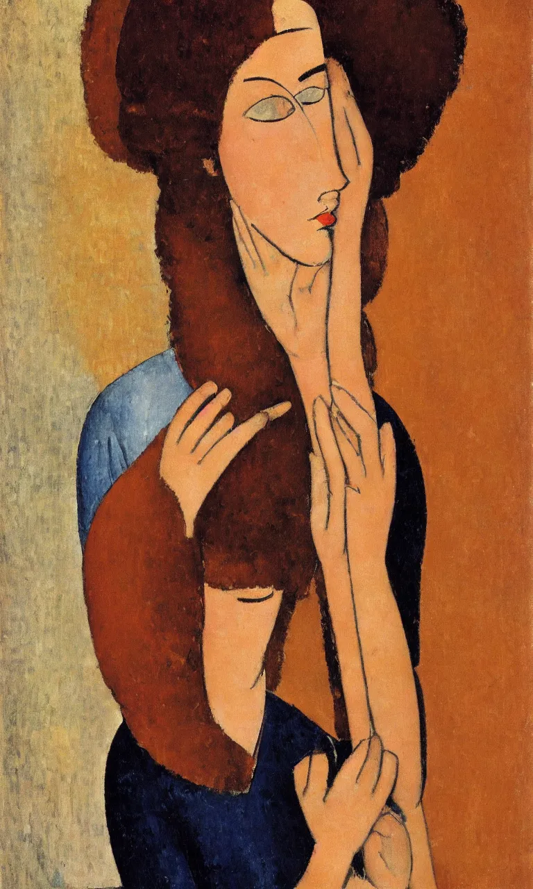 Image similar to amedeo modigliani. close up portrait of a woman with brown hair and a blue rollneck sweather holding an iphone in her hand. very soft brush.