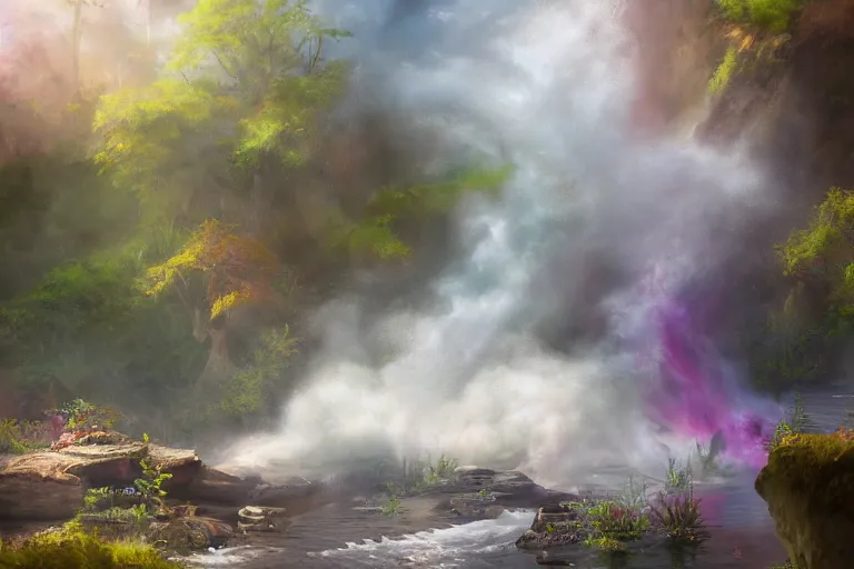 Image similar to highly detailed oil painting of a tyrannosaurus rex in a steaming colorful hotspring stream, featured on artstation