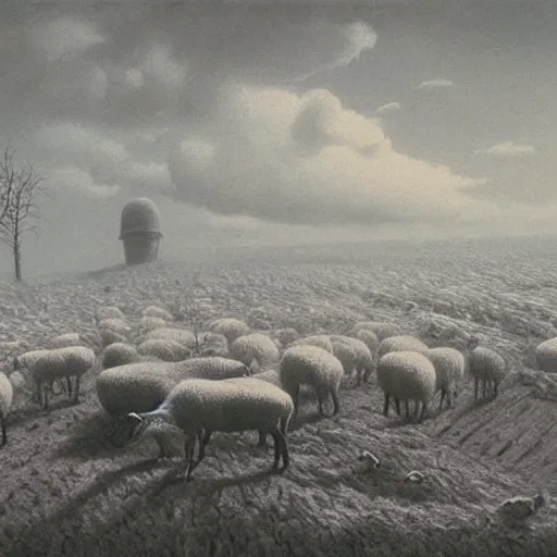 Image similar to dead sheeps in a farm nuclear winter by zdzisław beksinski