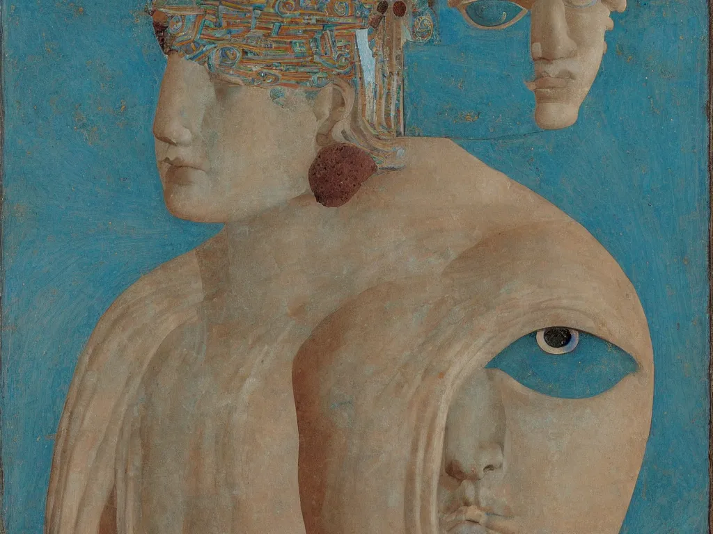 Image similar to marble greek sculpture head of the sun god with inlaid crystal eye. lapis - lazuli, turquoise, malachite, cinnabar, earth brown. painting by piero della francesca, balthus, agnes pelton