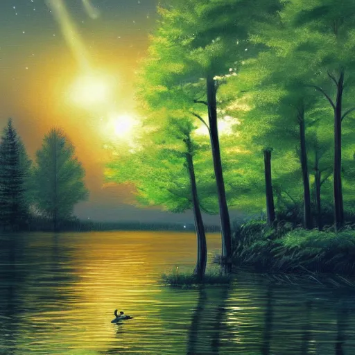 Image similar to lake, trees, night, fireflies glowing above water, painting, concept art,