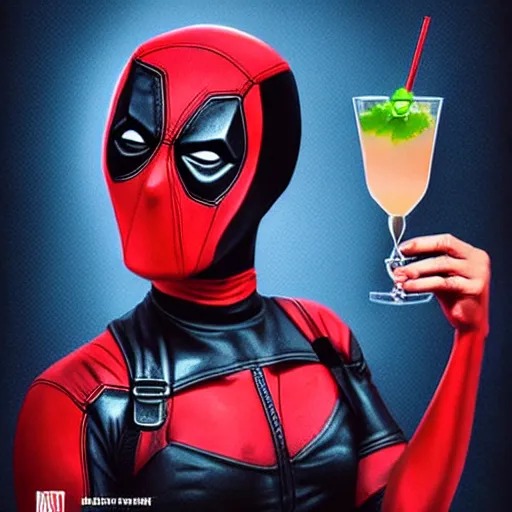 Prompt: Digital art of the embodiment of death. Female. Holding a cocktail with deadpool's face on it, kodachrome, high contrast, highly detailed, sharp focus, digital painting, concept art, illustration, trending on artstation,