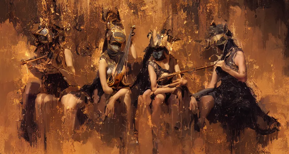 Prompt: craig mullins and ghibli digital art of on the stage, one masked female violinists ， exotic costumes, gold jewelry, black hair, realistic shading, cinematic composition, realistic render, octane render, detailed textures, photorealistic, wide shot