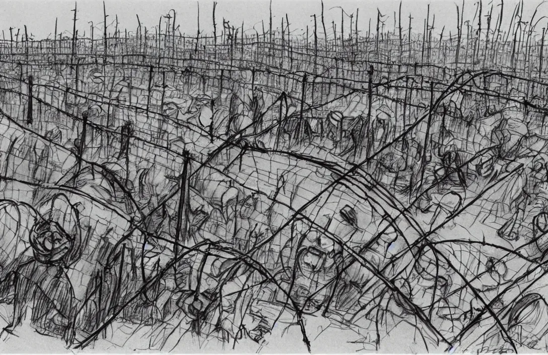 Image similar to milt kahl sketch of zombie apocalypse resistance camp with barbed wire fencing