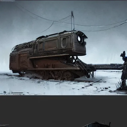 Prompt: a highly detailed epic cinematic concept art CG render digital painting artwork: dieselpunk patrol car inspired by a locomotive. By Greg Rutkowski, Ilya Kuvshinov, WLOP, Stanley Artgerm Lau, Ruan Jia and Fenghua Zhong, trending on ArtStation, subtle muted cinematic colors, made in Maya, Blender and Photoshop, octane render, excellent composition, cinematic atmosphere, dynamic dramatic cinematic lighting, precise correct anatomy, aesthetic, very inspirational, arthouse