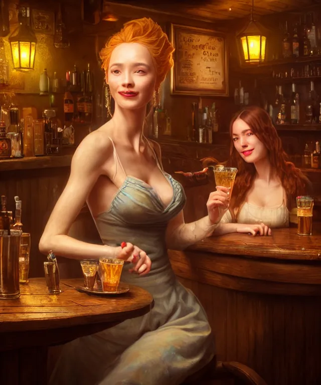 Image similar to hyperrealistic mixed media painting of a beautiful smiling charismatic barmaiden, dimly lit cozy tavern, confident relaxed pose, d&d, stunning 3d render inspired art by Gerlad Brom and Anna Dittmann + perfect facial symmetry + dim volumetric lighting, 8k octane beautifully detailed render, post-processing, extremely hyperdetailed, intricate, epic composition, grim yet sparkling atmosphere, cinematic lighting + masterpiece, trending on artstation, very very detailed, masterpiece, stunning