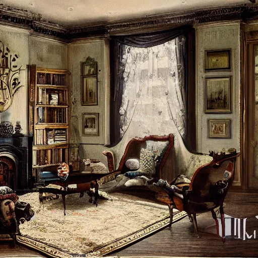 Image similar to interior of a living room, victorian style, photorealist, 4 k