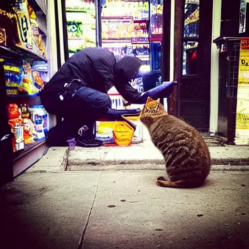 Prompt: “ man committing armed robbery from the perspective of the bodega cat ”