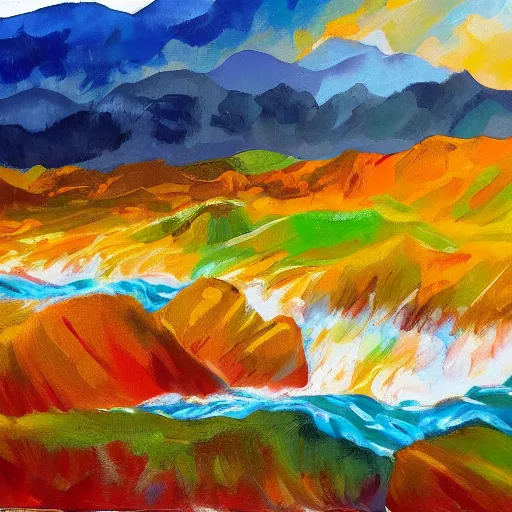 Image similar to a wild landscape painting filled with energy patterns rippling in all directions, mountains, rushing water, saturated colors