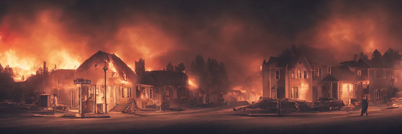 Image similar to detailed medium format photo, cinema still from a 9 0's scandinavian movie, sleazy man watching night streets while a single house burns in the background, haze, high production value, intricate details, 8 k resolution, hyperrealistic, hdr, photorealistic, high definition, tehnicolor, award - winning photography, masterpiece, amazing colors