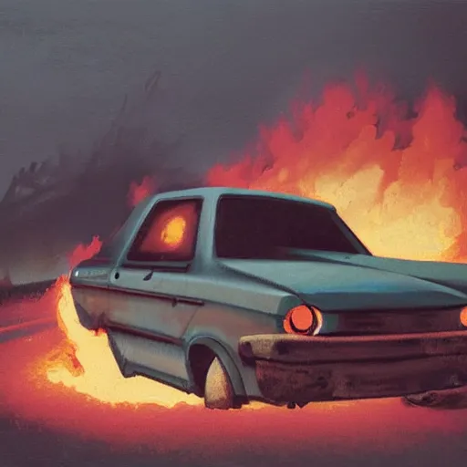 Prompt: the burnt frame of a car on fire on the side of the road in wither, by simon stalenhag