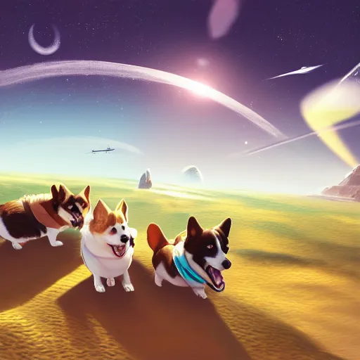 Image similar to Corgis in no man's sky, 4k, digital art, concept art