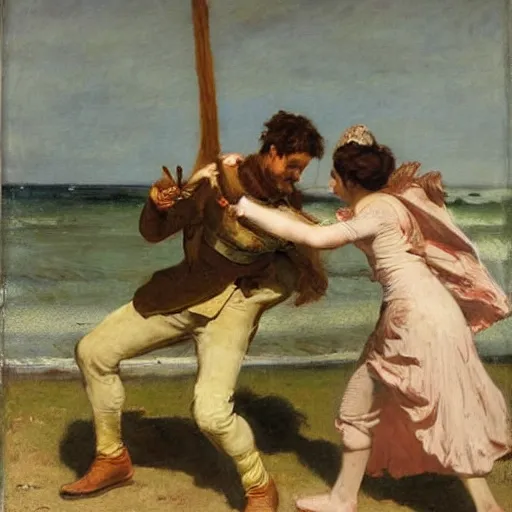 Image similar to man and woman fighting a monster by alfred stevens