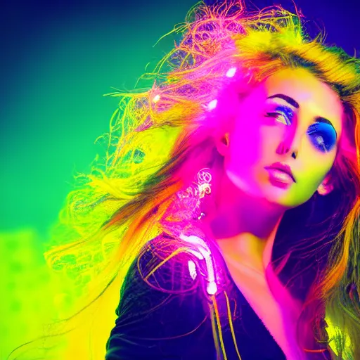 Image similar to a girl glowing with neon colors, high details, high modernization, high stylization, photo model