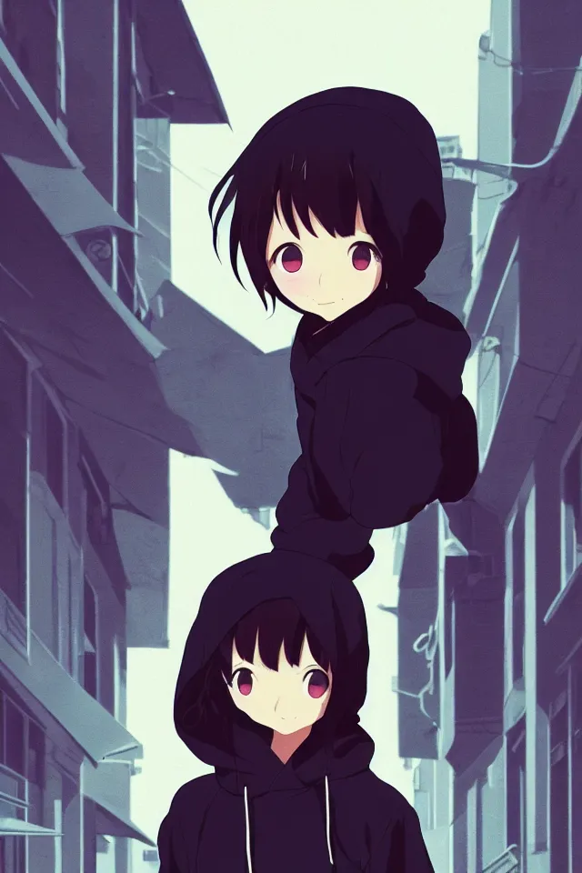 Prompt: anime visual, portrait of a young black haired girl wearing hoodie on the city street, cute face by yoh yoshinari, katsura masakazu, studio lighting, half body, dynamic perspective, strong silhouette, anime cels, ilya kuvshinov, cel shaded, crisp and sharp, rounded eyes