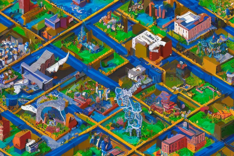 Prompt: isometric intricate complex wimmelbild illustration of weird dreamworld trending on artstation