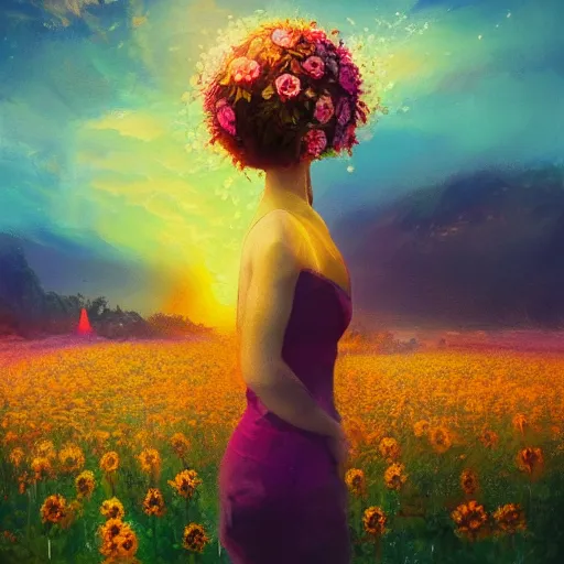 Image similar to girl with an blooming flower for a face, surreal photography, dream, standing in flower field, magical, in a valley, sunrise dramatic light, impressionist painting, colorful clouds, artstation, simon stalenhag, exploding flower face