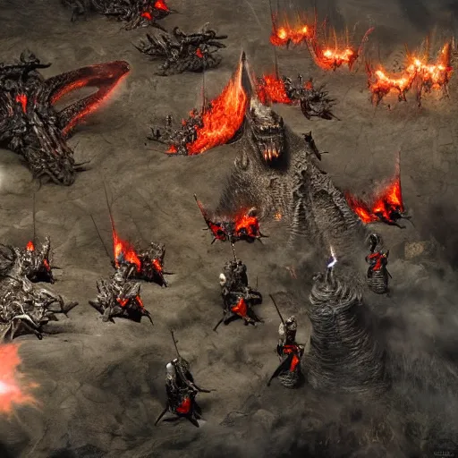 Image similar to an army of demons flying out of a volcano with flag bearers and trumpeters, intricate detail, royo, vallejo, frazetta, giger, klimt, miro, whealan, hd, unreal engine,