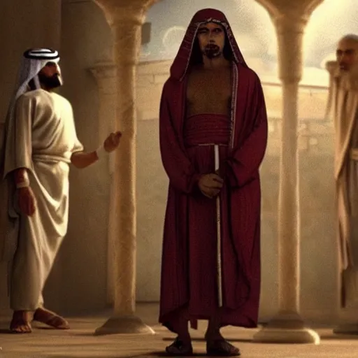 Prompt: 17 year old middle eastern skinned man in Biblical clothing standing. 10 foot tall man stands behind him. Cinematic, epic.