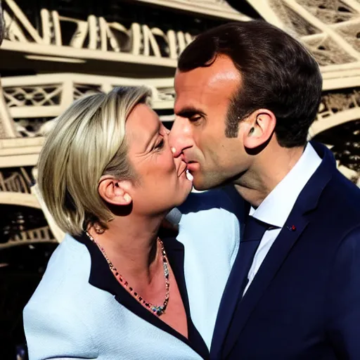 Prompt: marine le pen and Emmanuel macron kissing under the eiffel tower