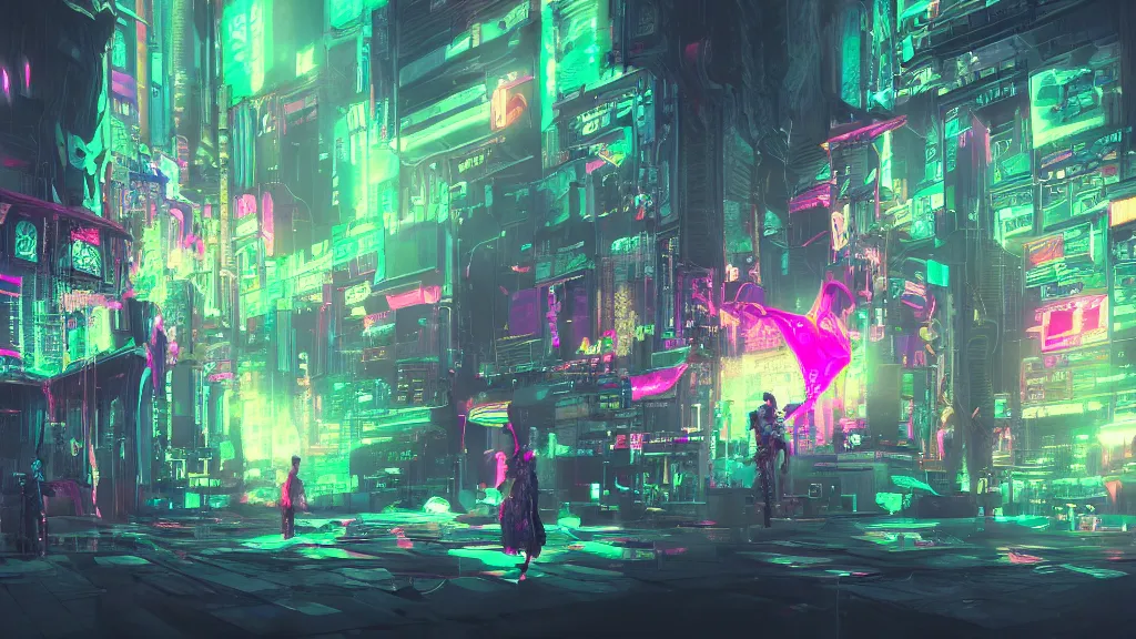 Prompt: glitchcore cyberpunk neon ghosts and spirits floating in a liminal space, surreal dream-like atmosphere, highly detailed, digital painting, artstation, concept art, matte, 8k ultraHD octane render