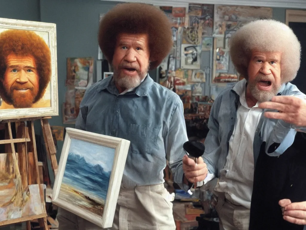 Image similar to bob ross is sad and yelling at a painting by bob ross