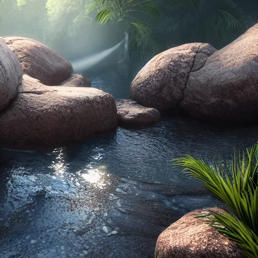 Image similar to water splashing over rocks, volumetric lighting, cinematic, detailed, raytracing, 4K ultra, award winning