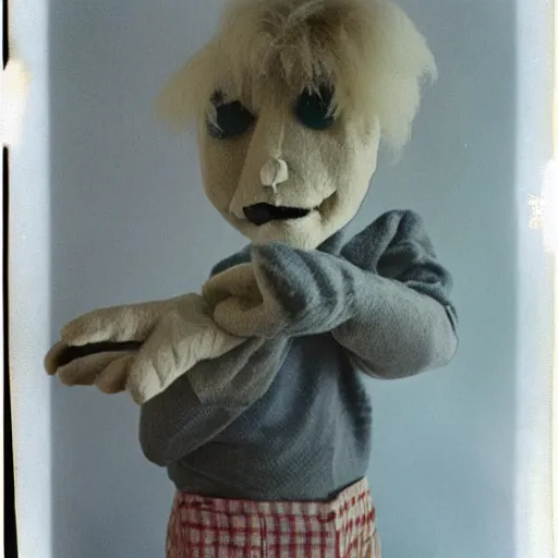 Prompt: a cute puppet made of fingers and hands, old photo, expired color film, damaged photo, 1975