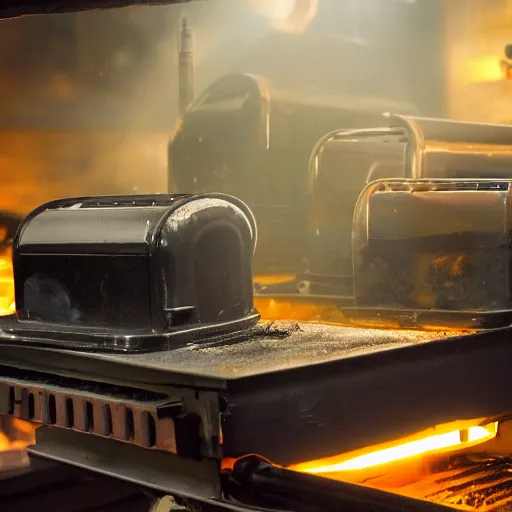 Image similar to toaster ovens on conveyor belt, dark messy smoke - filled cluttered workshop, dark, dramatic lighting, orange tint, sparks, cinematic, highly detailed, sci - fi, futuristic, movie still