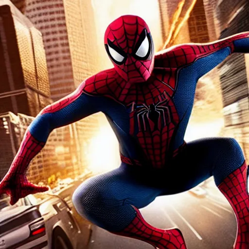 Image similar to promotional photo from new mcu spiderman movie featuring a black symbiote spiderman suit worn by tom holland