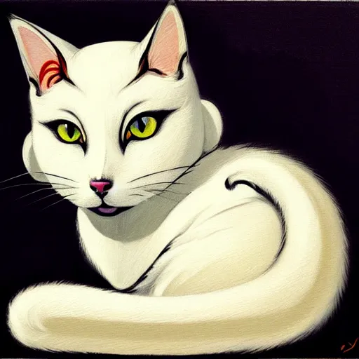 Image similar to painting of a cute white ( okami style ) ( ( kitsune ) ) cat zen master with yellow patterns, plain white background, no people, art by jc leyendecker, phil hale, angular, brush strokes, painterly, crisp, portrait of a cat, cat portrait painting