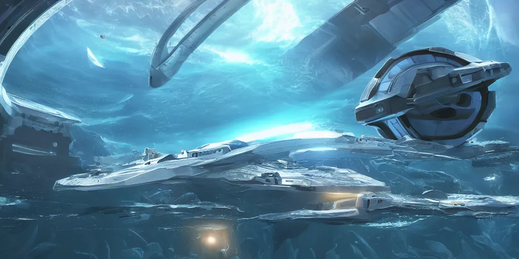 Image similar to lots of futuristic housecrafts floating on a beautiful ocean, low angle view, fusion of subnautica and star trek, by noriyoshi ohrai, soft natural volumetric lighting, beautifully detailed 4 k octane render, 4 k post processing