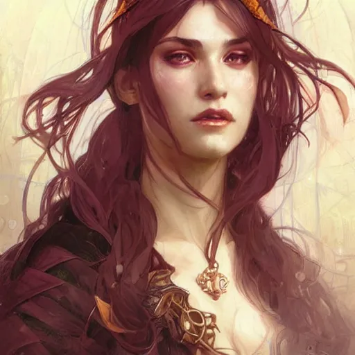 Image similar to Three quarters portrait of a female sorceress, highly detailed, digital painting, art by Stanley Lau and Artgerm and Greg Rutkowski and Alphonse Mucha, artstation, cgsociety, RPG portrait, Dungeons & Dragons