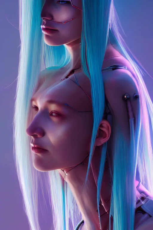 Prompt: a portrait of a beautiful young 28th century super cool post-human female wiht long colorful hair, barely human and largely biomechanical machine, hyper-realistic cyberpunk style, face by Yanjun Cheng, Irakli Nadar, design by Niel Blevins, Takayuki Takeya moody, models by 500px, dramatic cinematic lighting rendered by octane, 8k, detailed, intricate, clean and textures, trending on artstation, deviantart google images, pinterest