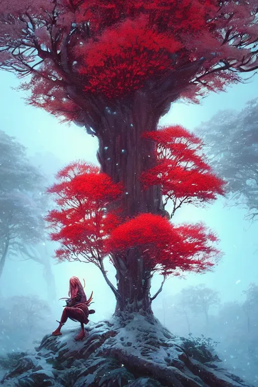 Image similar to giant tree in snow with red flowers, leaves falling, warrior sitting under the tree, unreal engine, fantasy art by greg rutkowski, loish, rhads, ferdinand knab, makoto shinkai and lois van baarle, ilya kuvshinov, rossdraws, tom bagshaw, global illumination, radiant light, detailed and intricate environment