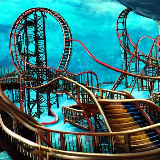 Image similar to underwater roller coaster, photorealistic, detailed