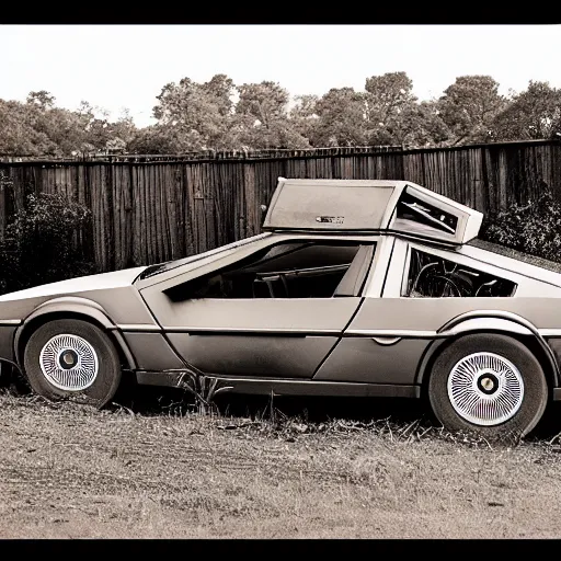Image similar to a monochromatic sepia photograph of a delorean in a group of covered wagons,