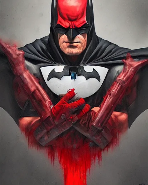 Prompt: character portrait of a muscular old batman with the batlogo in his chest made of blood, piercing bright red eyes, and pale skin, by greg rutkowski, mark brookes, jim burns, tom bagshaw, trending on artstation