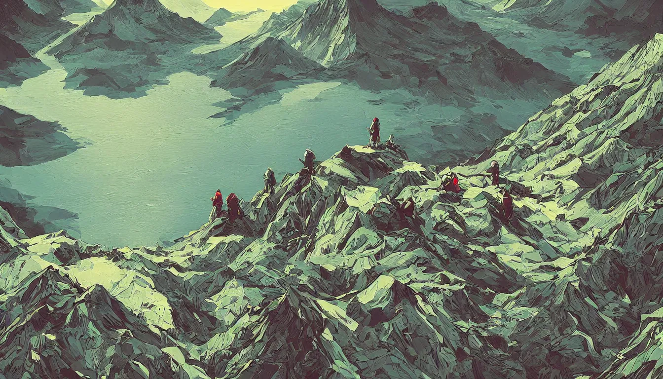 Prompt: backpackers on a mountain, view from above, kilian eng, minimalist