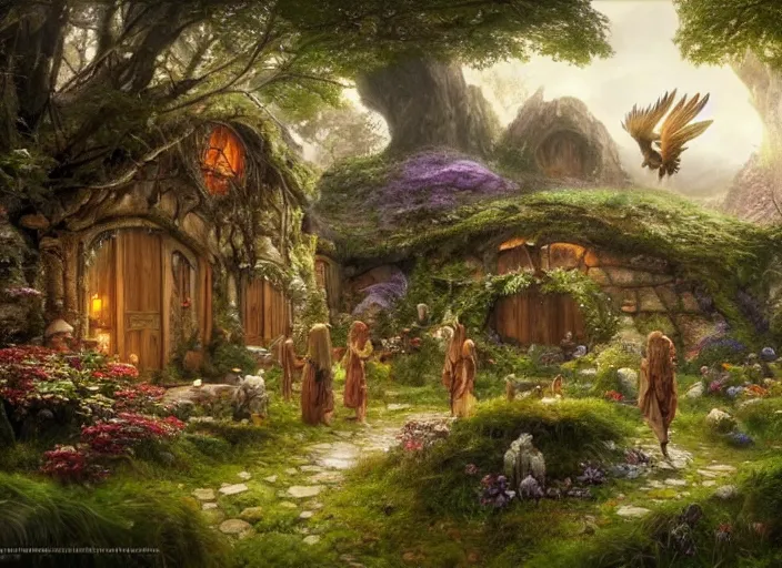 Prompt: winged female elves in the shire scenery landscape, lord of the rings, mushroom house, flowers, highly detailed, perfect lighting, perfect composition, 8 k, artgerm, derek zabrocki, greg rutkowski