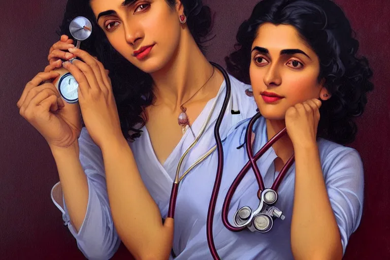 Image similar to sensual pale beautiful indian doctor in jeans with stethoscope, art deco portrait, elegant, intricate, digital painting, artstation, concept art, smooth, sharp focus, illustration, art by artgerm and greg rutkowski and alphonse mucha