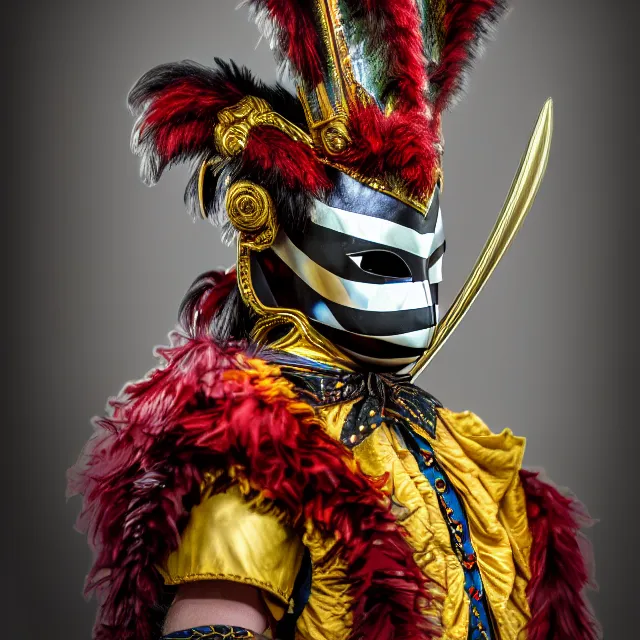 Prompt: full shot photo of a beautiful!! harlequin warrior with venetian mask highly detailed 8 k hdr smooth sharp focus high resolution award - winning photo photorealistic